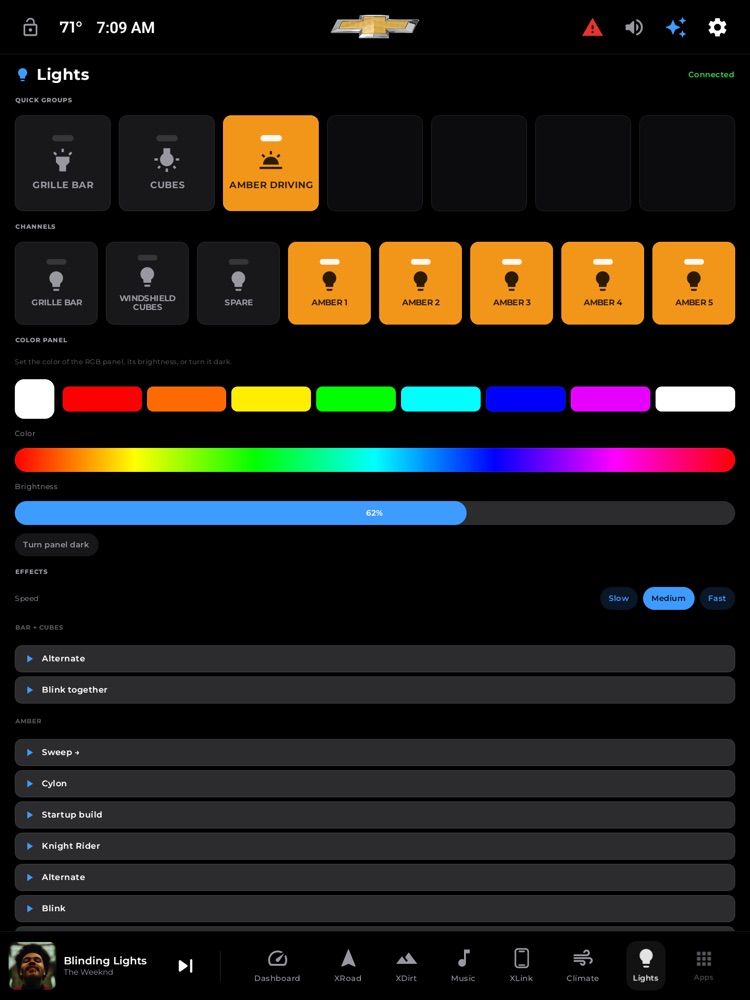 The Lights page: quick groups, per-channel toggles, the color panel, and effects.